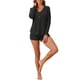 thumbnail image 2 of Conjunto de pijama de waffle para mujer INSPIRE CHIC, conjunto de lounge de punto, blusa de manga larga con botones y pantalones cortos a juego, XS negro, 2 of 5