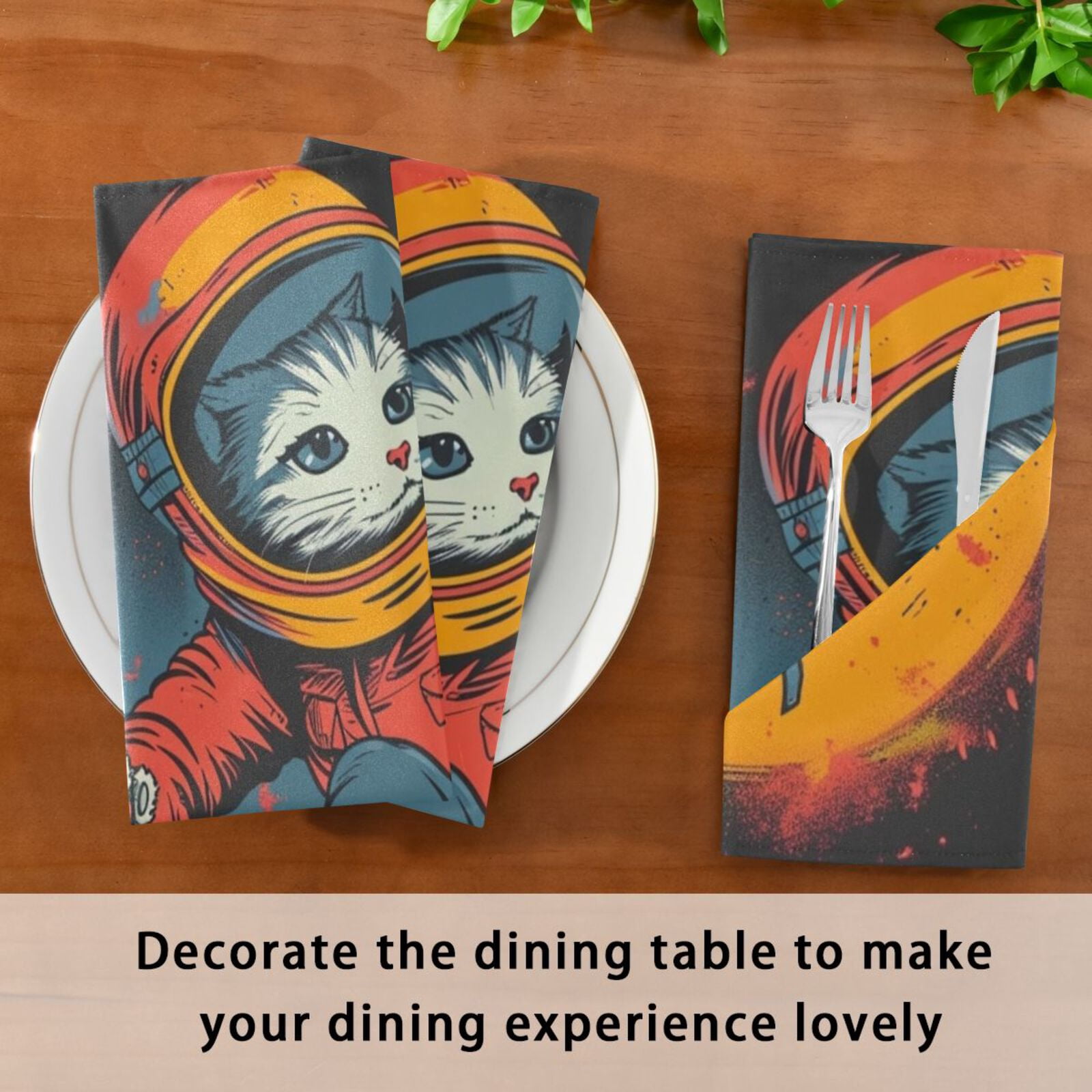 JSTEL Cat Kitten Astronaut Skateboard Cloth Napkins Set of 6, 20x20 Inch Washable and Reusable Napkin for Decoupage Dinner Party Everyday Use