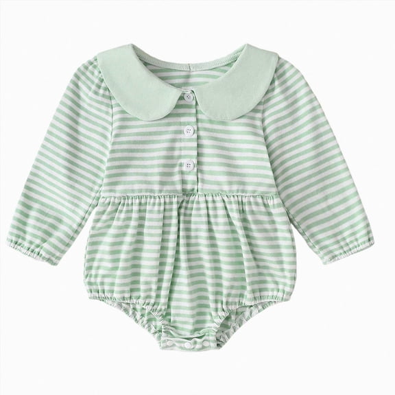 mgoYE Baby Girl Bubble Romper Long Sleeve Striped Smocked Onesie Bodysuit Infant Outfit Cute Fall Clothes(Green,3-6 Months)