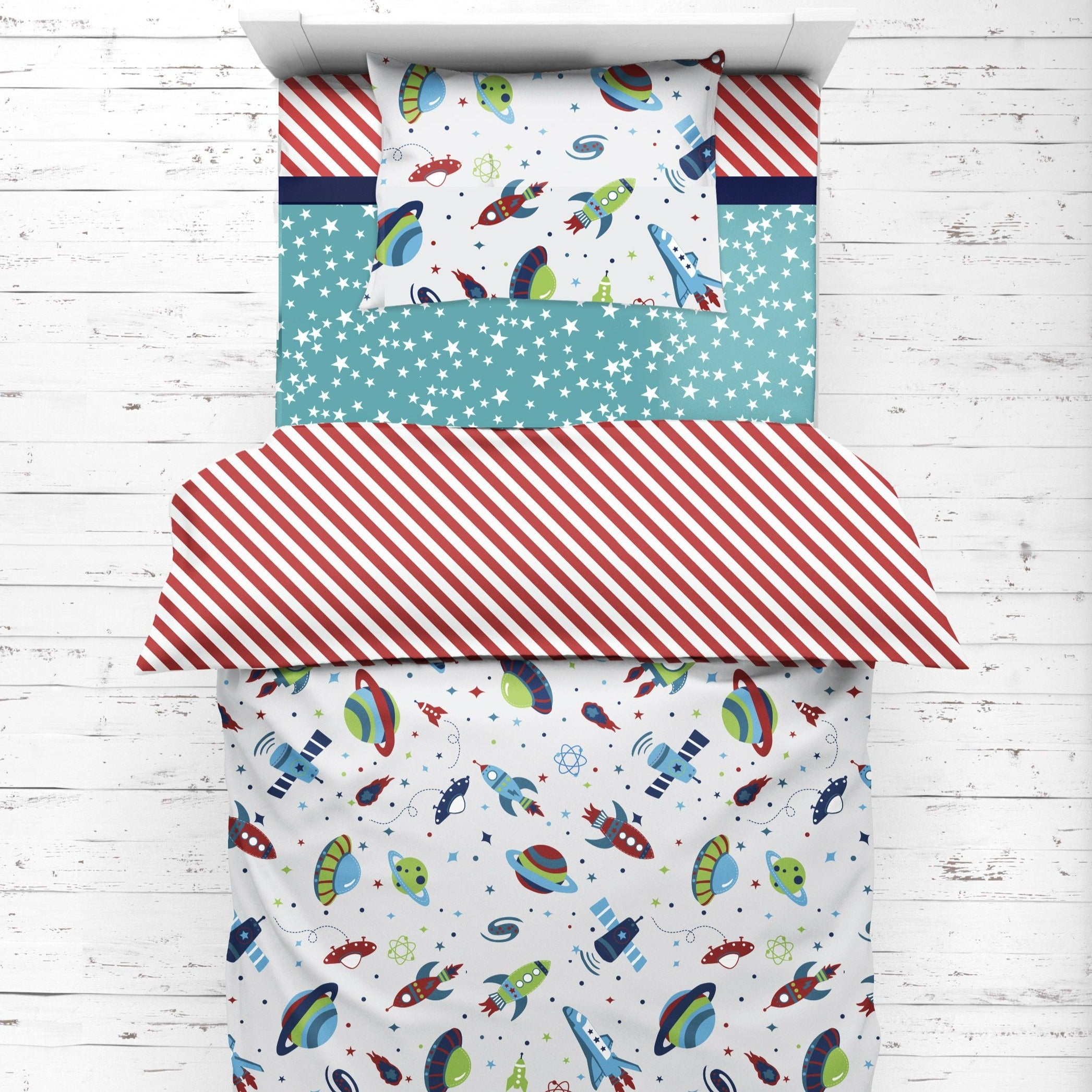 Bacati - Boys 4 pc Toddler Bedding/3 pc Sheet Set 100% Cotton Percale, Airspace Aqua/Red/Orange/Green/Navy