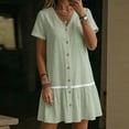 thumbnail image 4 of Ygbgbb Women's Linen-Blend Mini Dress, V-Neck Short Sleeve with Button Front & Lace Trim, Casual Summer Tunic Dress Green XXL, 4 of 8