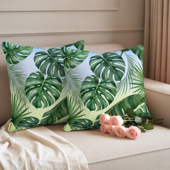 Outdoor Pillow Cover 18x18inch Set of 2, Summer Monstera Palm Leaf Waterproof Decorative Throw Pillow Cover for Couch Sofa, Tropical Plant Blue Yellow Ombre Pillowcase Cushion Cases for Patio Garden