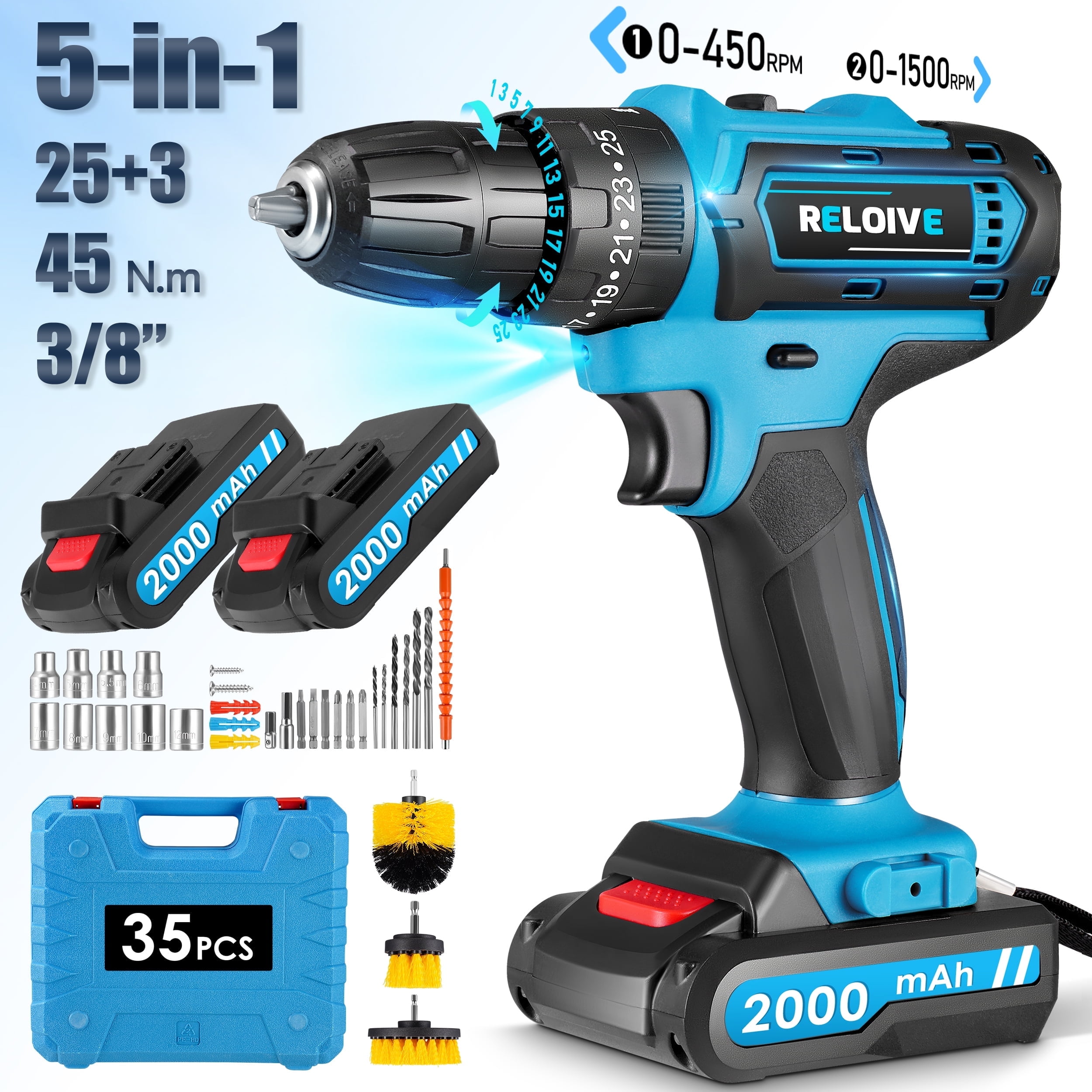 RELOIVE 21V Cordless Drill,Electric Power Drill Set with 2×2.0Ah Battery&Charger,3/8" Keyless Chuck,2-Speed,45N.m Torque,25+3 Position,35pcs Drill/Driver Bits