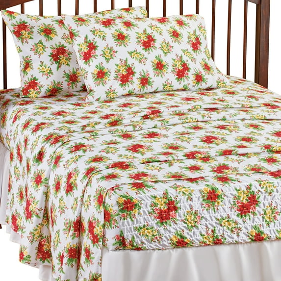 Collections Etc Bright Red Poinsettia Seasonal Bed Tite Sheet Set