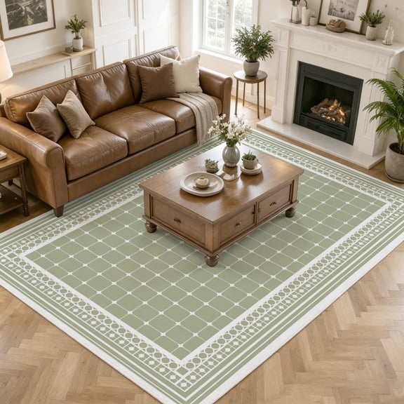 Large Area Rugs 8'x10', Sage Green White Border Grids Carpet Runner Indoor Outdoor Rugs Home Decor Aesthetic, Geometric Frames Lines Non Slip Mats Washable Accent Rug for Living Room Bedroom