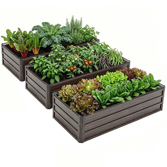 LZBEITEM 3-Pack Galvanized Raised Garden Bed, 4x3x1ft Metal Planter Box for Outdoor Vegetables, Herbs & Flowers, Wood Grain Brown