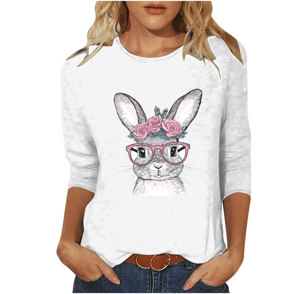 successthop Bunny Shirts for Women Bunny Casual 3/4 Sleeve Beach T Shirts Crewneck Shirts Spring Holiday Clothes White S