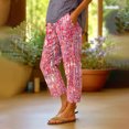 thumbnail image 5 of Linen Cropped Pants for Women Casual Wide Leg Plaid Capris with Pockets Elastic Waist Lounge Trousers Hot Pink, L, 5 of 5