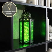 Moroccan Metal Candle Lantern Holder with LED Fairy String Lights, Medium, Green