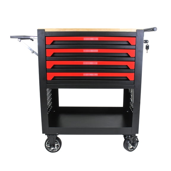 Heavy Duty 4 Drawers Tool Trolley With Wheels And Wooden Top - Adjustable Shelf, Prodigious Workshop Storage Option 4 Cart Garage