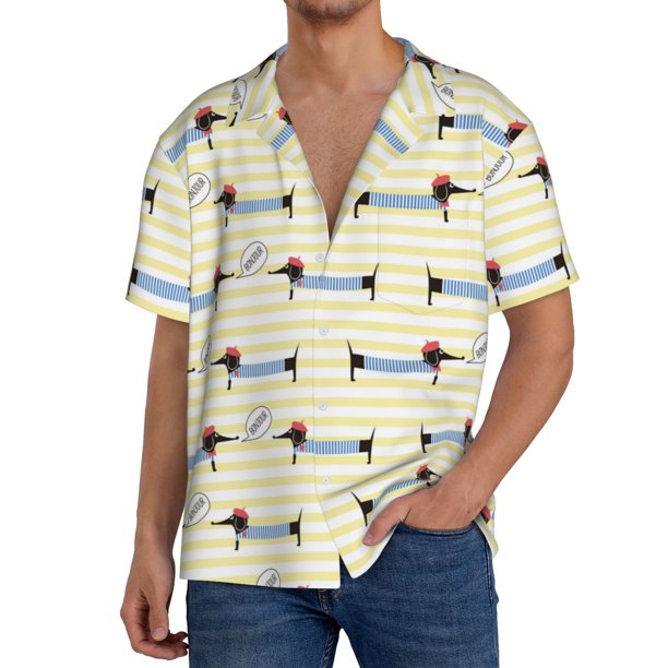 Balery Dachshund Dog Puppy Camisa Casual de Manga Corta con Botones para Hombre, Texturizada, Estilo Cubano, para Playa, Verano-Large