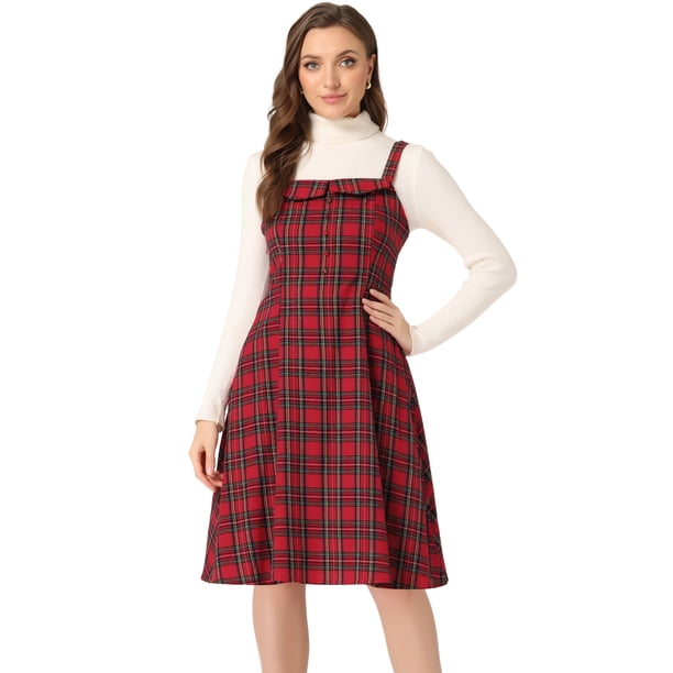 Vestido a media pierna sin mangas con decoración de botones a cuadros para mujer Rojo XL