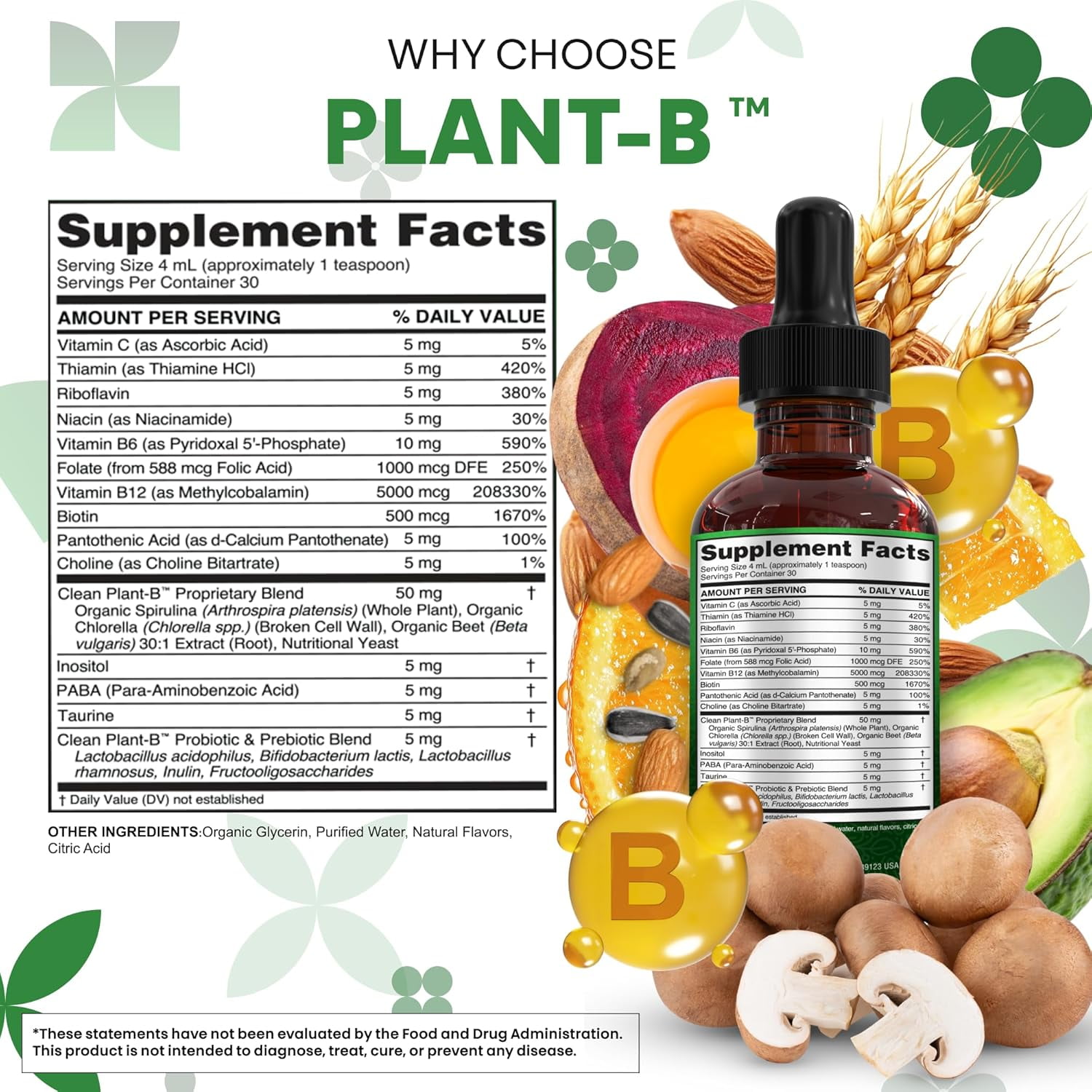 Vitamin B Complex Liquid Drops | Thiamine B1, B6, B2, B3, B4, B5, B7 B9, B12, Niacinamide, Paba, Choline Inositol Taurine Probiotics Beet Root Spirulina - Plant-B Vitamin Supplements by Clean Nutra