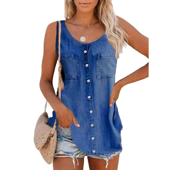 Sexy Dance Summer Tank Tops For Women Denim Button Down Cami T-Shirts Holiday Spaghetti Strap Flowy Tank Tops Loose Fit Beachwear
