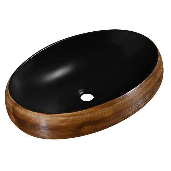 Matte Black Oval Vessel Sink Wood Tile Pattern Washbasin Elongated