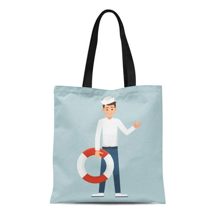 ASHLEIGH Canvas Tote Bag Cartoon Sailor Man Holding Life Preserver the Seafarer Durable Reusable Shopping Shoulder Grocery Bag