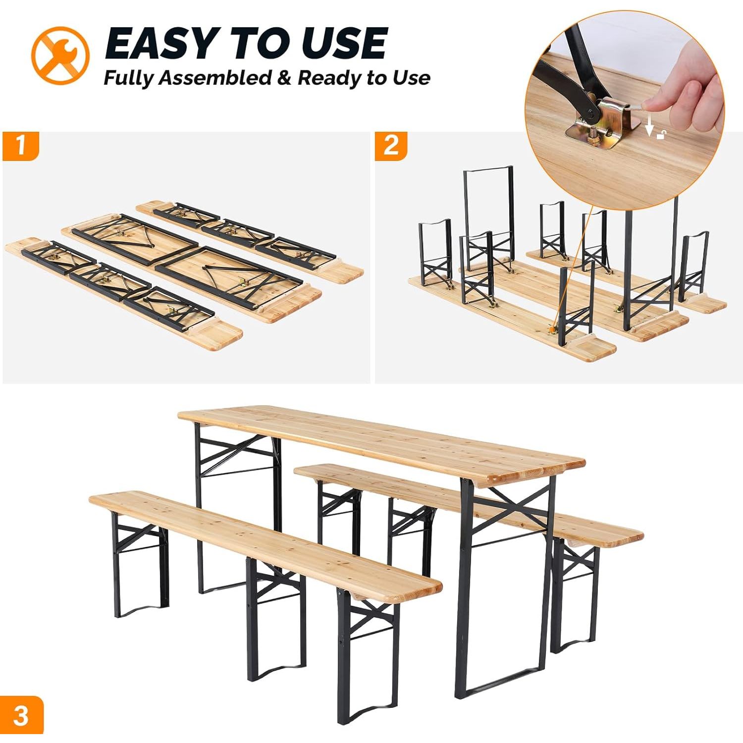 VINGLI Folding Picnic Tables with Benches Set, Weather-Resistant Wooden Beer Garden Table Bench, 3-Piece Portable Fold Up Camping BBQ Table w/Carrying Handles