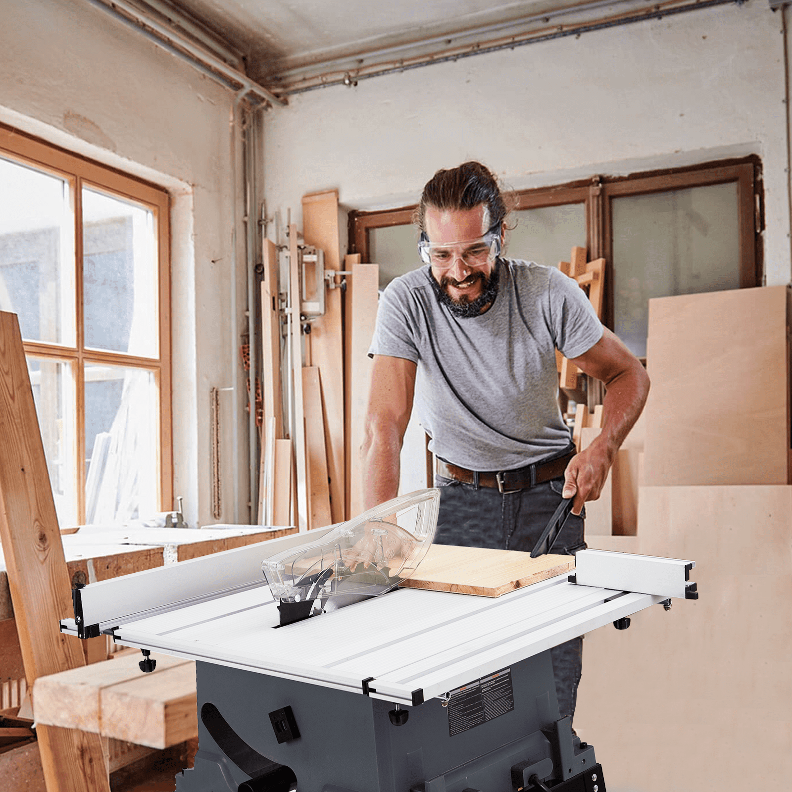 Kojooin 10-Inch 15a Multi-Purpose Table Saw with Stand and Push Bar, Capable Of 90° Crosscuts and 0-45° Miter Cuts, 5000 Rpm Speed, Adjustable Blade Height, Suitable for Woodworking