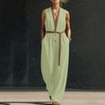 thumbnail image 5 of Guluxicc Women's Contrast Trim Elastic Waist Pleated Wide Leg Jumpsuit Casual Belted Stand Collar Sleeveless Loose Fit Rompers, 5 of 6