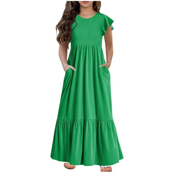 Mikilon Fashion Girls Long Dress Size 6-12 Years Short Sleeves Round Neck Solid Color Dress Solid Color Ruffled Dress