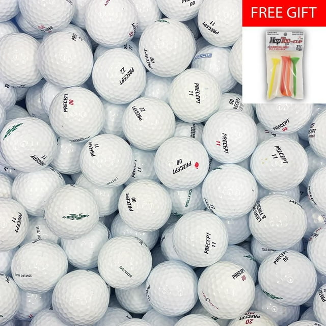 Mulligan - 77 Precept Mélange AAA Recyclées Balles de Golf Usagées, Blanches, Gros Plan d'Un Empilage de Balles de Golf Blanches à Bosses avec Image de Marque Precept et Chiffres, Incluant un Paquet Gratuit de T-Shirts Colorés, Idéal pour la Pratique du Golf Écologique et les Joueurs de Tous Niveaux.