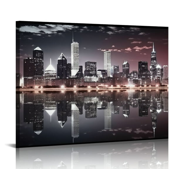 JEUXUS Chicago Wall Art Canvas for Living Room City Night Chicago Skyline Artwork Chicago Downtown Picture Cityscape Painting Framed for Bedroom Home Office Decor 20x16 inch