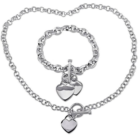 Sterling Silver Circle Link Heart Charm Bracelet and Necklace Set, 7.5, 18