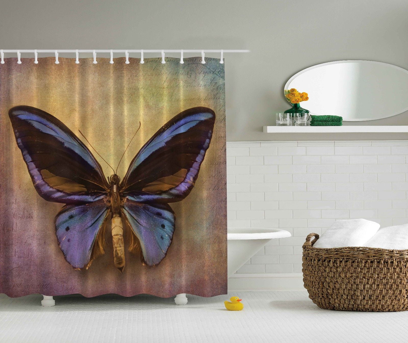 69 W x 70 L Cloth Fabric Bathroom Decor Set with Hooks Ambesonne Butterfly Shower Curtain Monarch Butterfly Vintage British Grunge Victorian Photography Art Theme Print Purple Brown