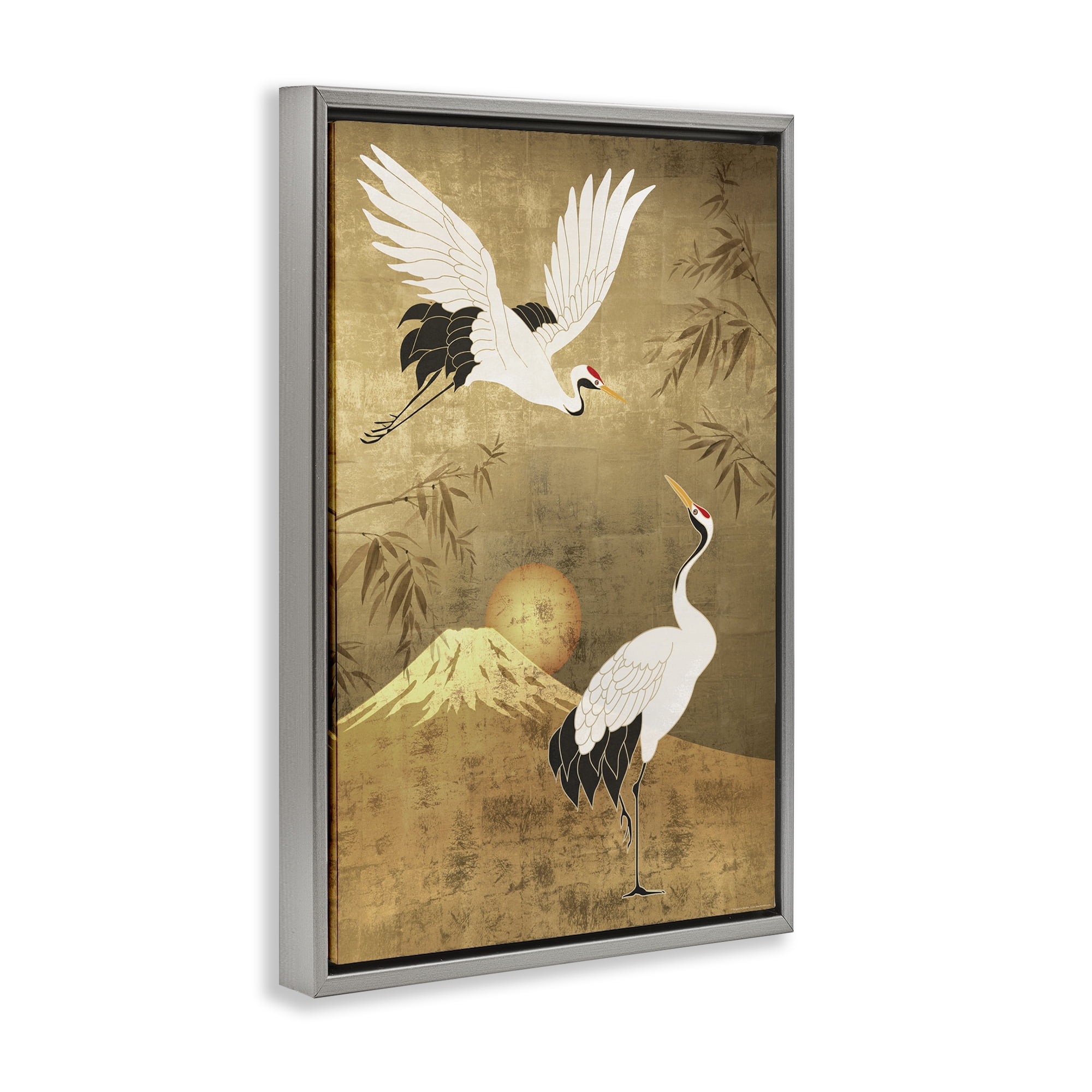Stupell Industries Traditional Cranes & Mountain Animals Painting Gray Floater Framed Canvas Art Print Wall Art, 21 x 31