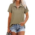 thumbnail image 1 of Blusa Cremallera Cuello En V Abertura Lateral Color Puro Casual Suelto Manga Corta Tops para Mujer Verde Claro L, 1 of 6