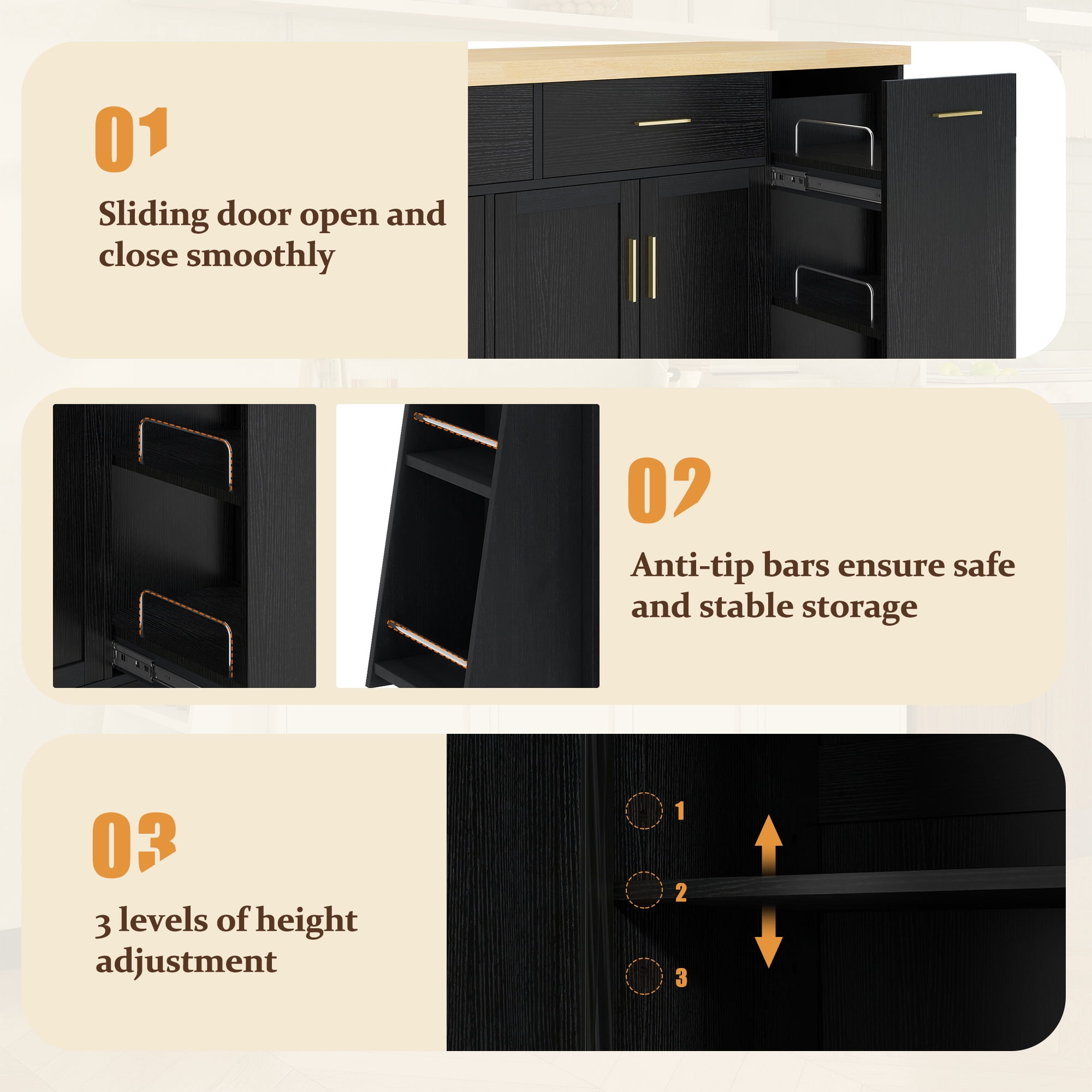 Euroco Farmhouse Buffet Cabinet with Tilt Out Trash Can,48.8" Sideboard Coffee Bar Cabinet with 2 Drawers,Sliding Door Cabinet & 3-Tier Spice Rack,Kitchen Island Table for Kitchen Living Room,Black