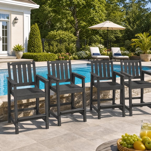 Adirondack Outdoor Bar Stools Set of 4, All-Weather HDPE Bar Height Patio Chairs with Back and Footrest, 400 LBS Capacity for Deck, Poolside, Outdoor Kitchen, Backyard and Resort, Dark Grey