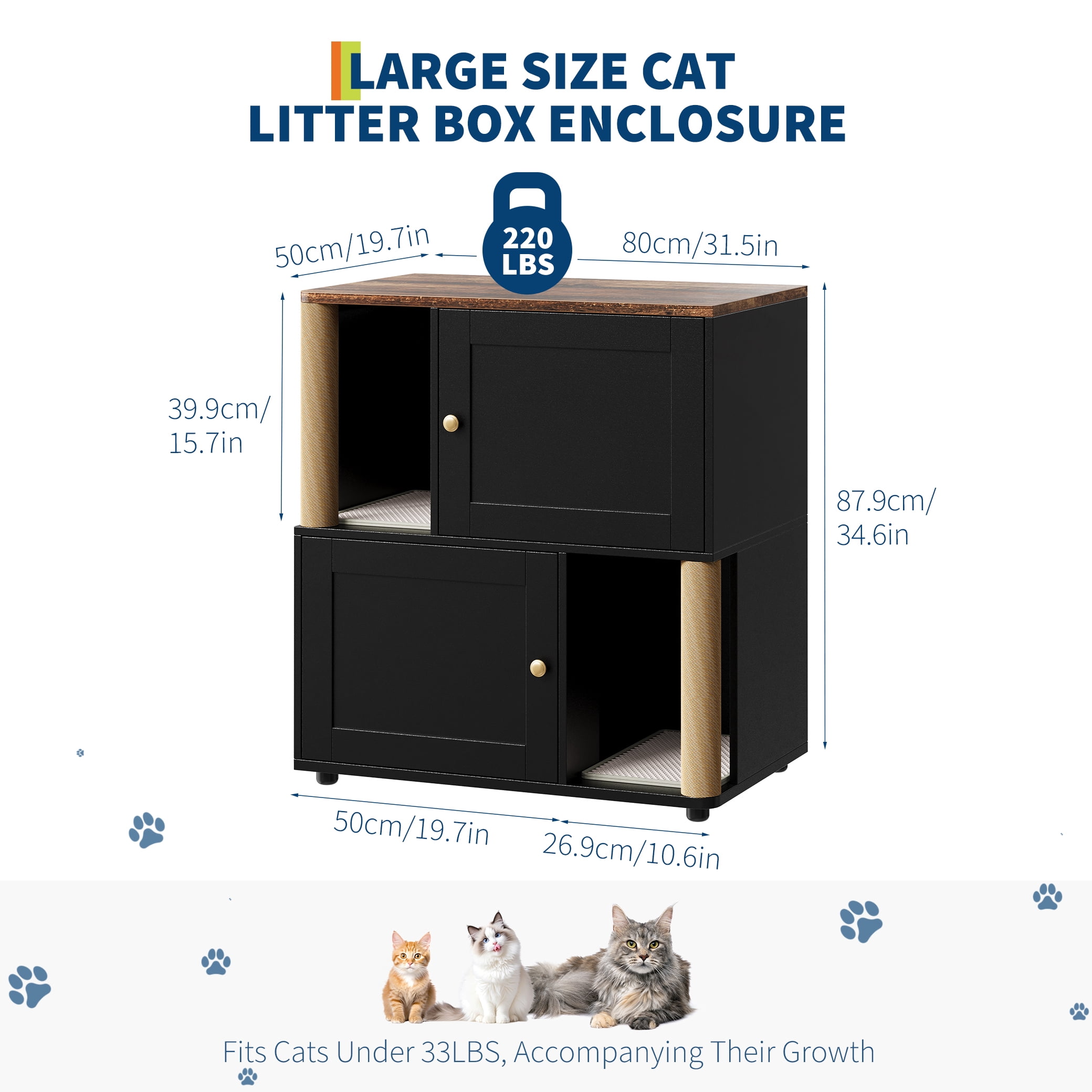 Double Layer Cat Litter Box Enclosure for 2 Cats, Hidden Litter Box Furniture with Cat Scratching Post and Board, 2 Story Wooden Cats Washroom or Bed