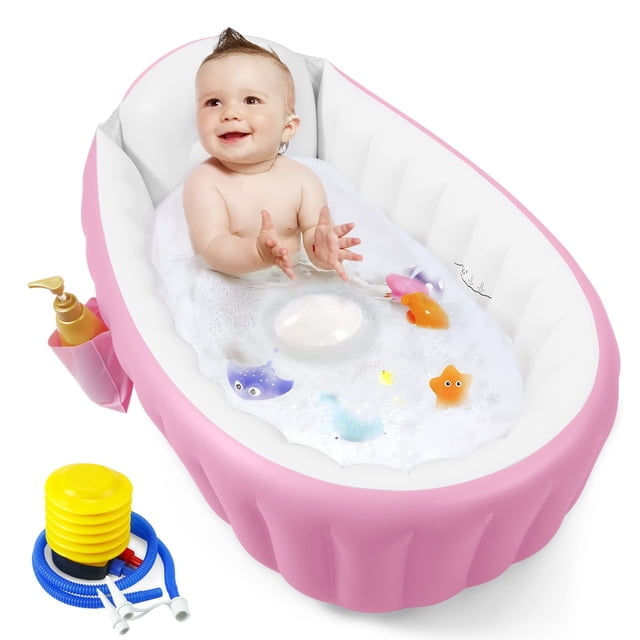 Bañera inflable PandaEar para bebés, portátil, de viaje para bebés y bebés con bomba de aire, lavabo de ducha plegable y antideslizante, minipiscina neumática para recién nacidos (rosa)