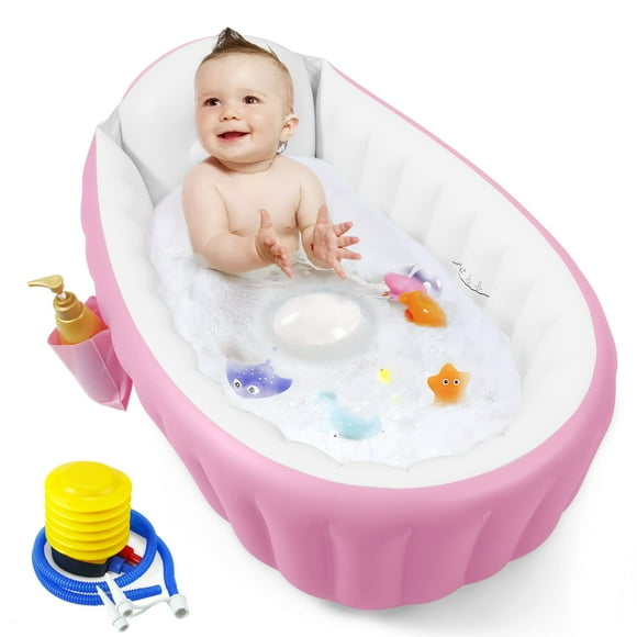 Bañera inflable PandaEar para bebés, portátil, de viaje para bebés y bebés con bomba de aire, lavabo de ducha plegable y antideslizante, minipiscina neumática para recién nacidos (rosa)