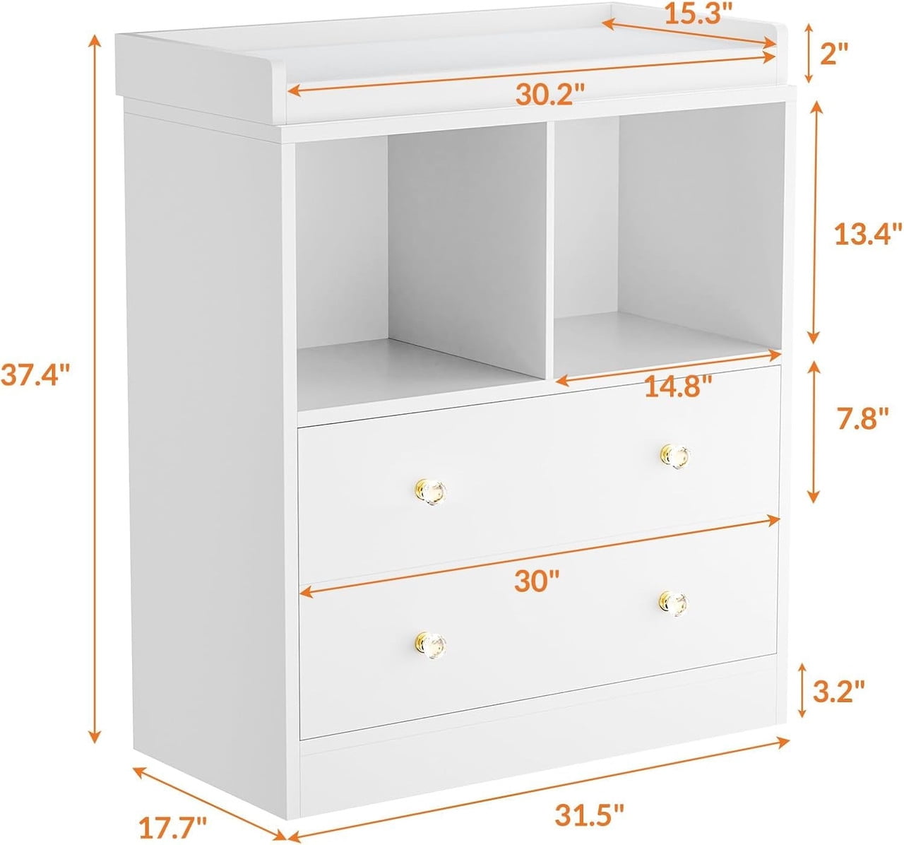 TROPOW Modern 2-Drawer Nursery Changing Table with Media Shelves, Black Baby Dresser with Crystal Knobs, Multi-Purpose Diaper Station Storage Organizer for Infant Room, Anti-Tip Safety Design