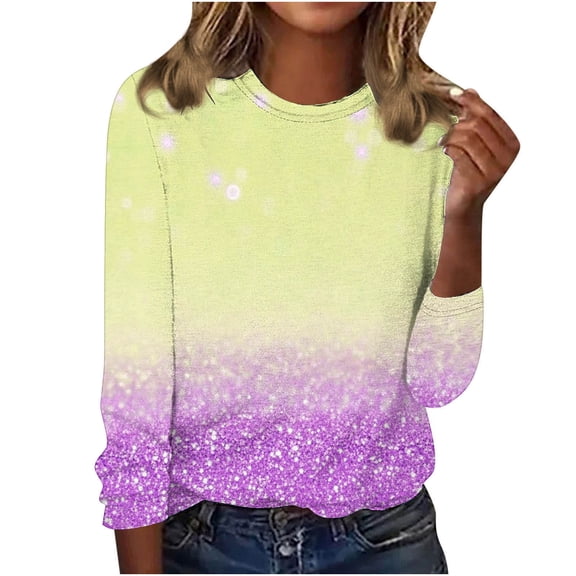 Hfiengba Long Sleeve Shirts for Women Gradient Color Crew Neck Tops Basic Tee Casual Loose Fit Clothes (XL, Yellow 1)