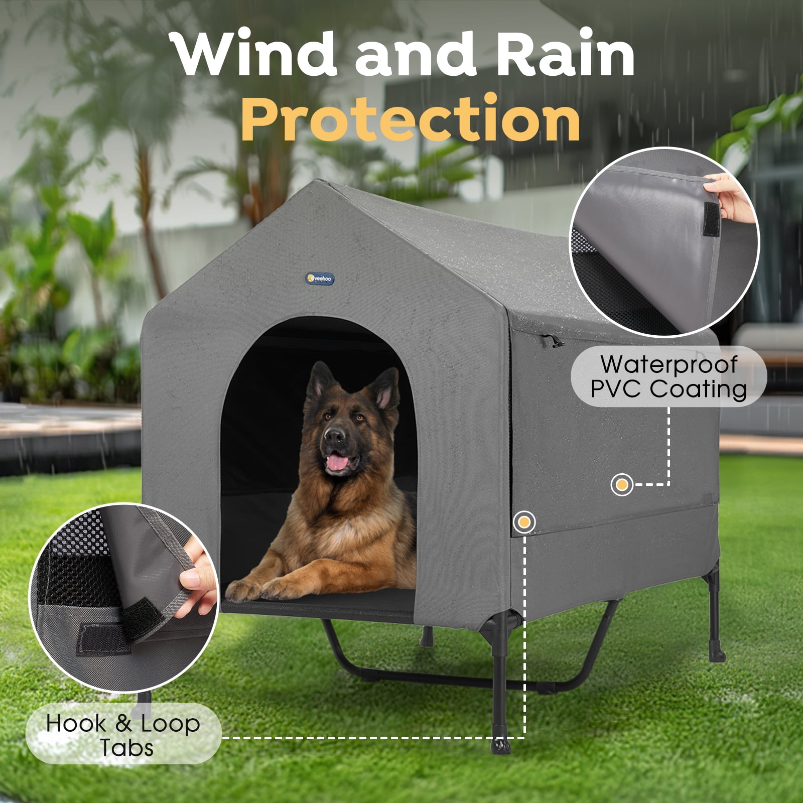 Veehoo 47" Dog House, Elevated Dog Bed with Three-Sided Breathable Mesh Windows and Sunshades