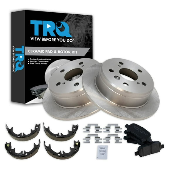 TRQ Rear Brake Pad & Rotor Kit Brake Pads Brake Rotor Parking Brake Shoe Set Ceramic Fits Select 2000-2001 Toyota Camry 1999-2003 Solara