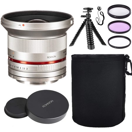 Rokinon 12mm f/2.0 NCS CS Ultra Wide Angle Lens for Sony E-Mount (Silver) w/Lens Hood + Protective Lens Case  Spider Flex Tripod & Other Accessory Bundle