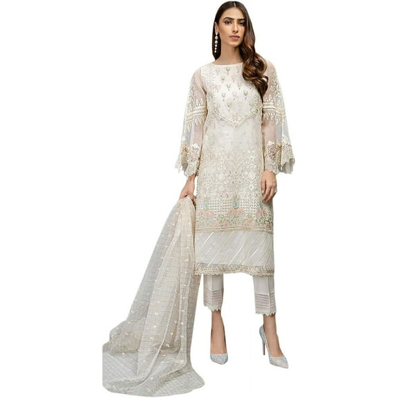 Gorgeous Girls Wear Pakistani Indian Designer Salwar Kameez Trouser Pant Dress ( White, XL - 44 )