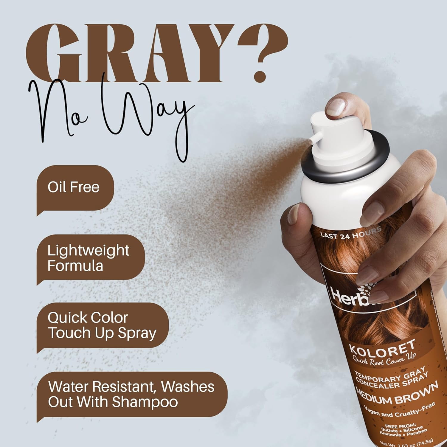 (2 pack) Herbishh Koloret Quick Root Touch Up Hair Color Spray Medium Brown (74.5g), Instant Gray & Medium Brown Root Cover Up, Temporary Hair Color Spray, Lightweight Non-Sticky Dye Mist, Travel Aerosol