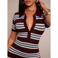 thumbnail image 6 of Women's Lapel Collar Striped Short Sleeve Slim Bodycon Midi Dress Brown Tricolor L, 6 of 7