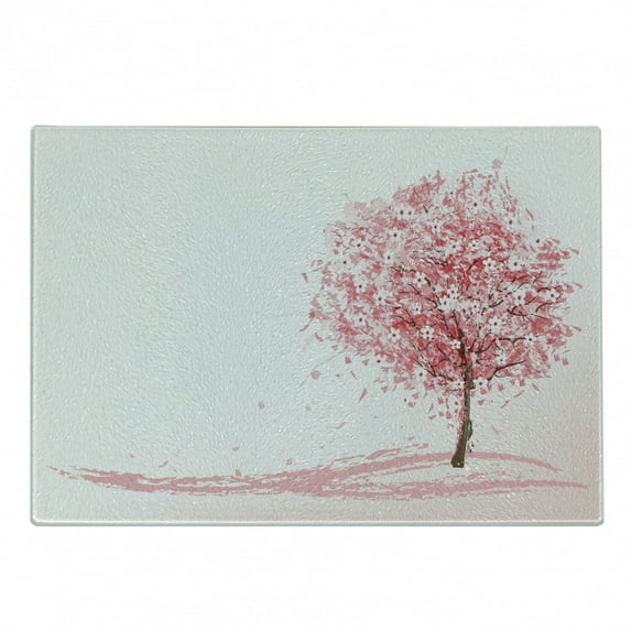 Japanese Cutting Board, Sakura Bloom Illustration East Foliage Cherry Leaves Design, Decorative Tempered Glass Cutting and Serving Board, Small Size, Pale Pink White, by Ambesonne