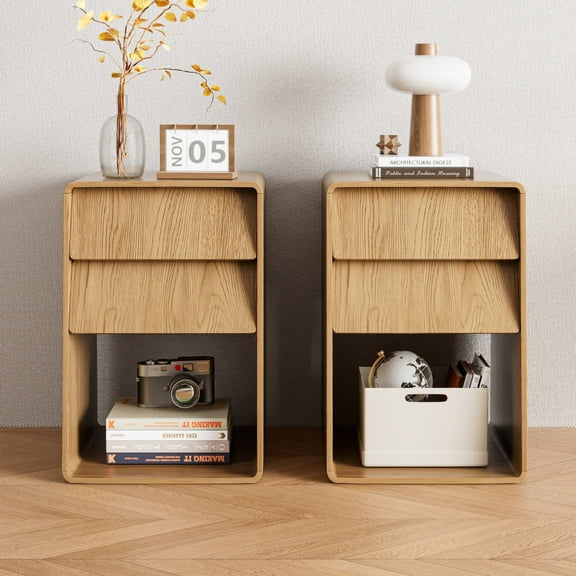 Nightstand Set of 2 Curved Slope Modern 2 Drawer Dresser Open Shelf End Table Bedside Furniture Bedside Table for Bedroom or Living Room-Wood