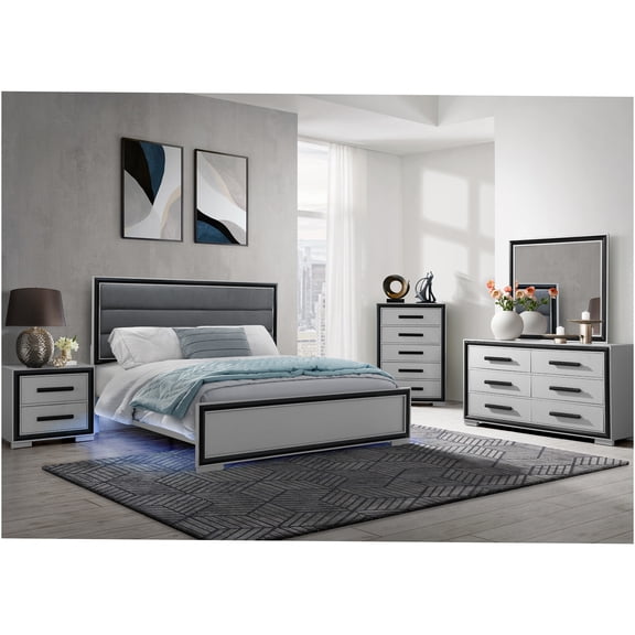 JERFIT 5-Piece King Bedroom Set with LED Headboard, Modern Gray and Black Wood Bedroom Furniture Includes Dresser, Mirror, Nightstand, Chest