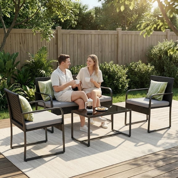 Lofka 4-Piece Outdoor Wicker Patio Furniture Set - All-Weather Rattan Sofa Set with Glass Coffee Table & Waterproof Cushions for Backyard, Porch, Garden, Light Gray Cushion