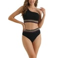 thumbnail image 1 of INSPIRAR CHIC Conjunto de Bikini de Una Sola Hombro para Mujeres, 2 Piezas, Cintura Alta, Color con Ribete Trenzado, Trajes de Baño, Talla X-Large, Negro, 1 of 5