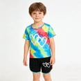 thumbnail image 2 of OSOLU Children Girls Outfits Tie Dye Short Sleeve T-Shirts and Color Block Shorts 2 Piece Summer Casual with Love Heart Print Fashion Travel Clothing Sets, 2 of 9
