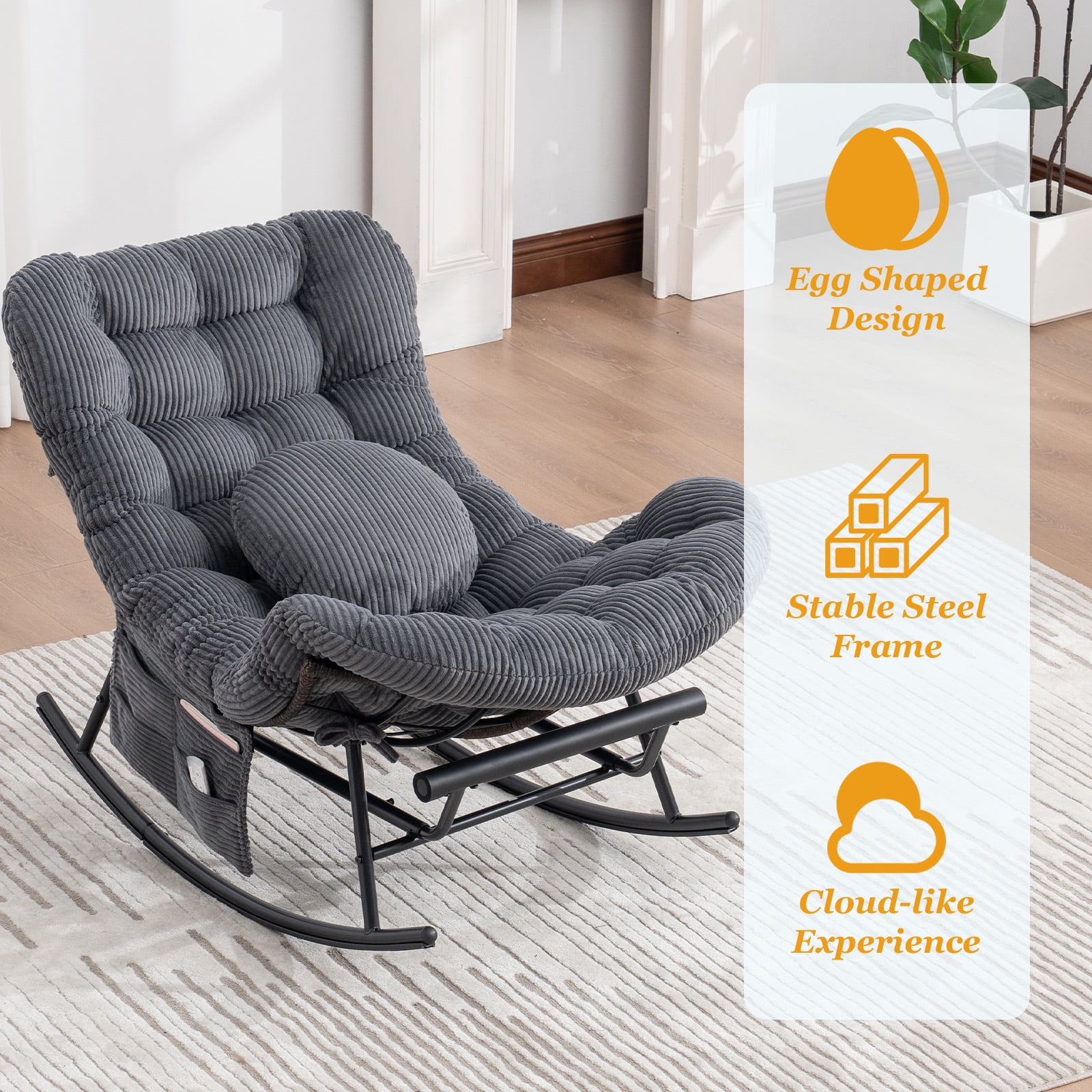 MOONMISS Outdoor Rocking Chair with Footrest, Indoor Oversized Comfort Reading Chair Cover with Cushion, Patio Rocking Chair Lounger, Dark Gray
